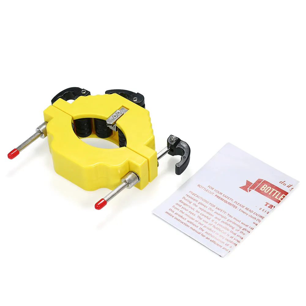 Yellow adjustable glass bottle cutter tool for DIY craft projects with measurement markings