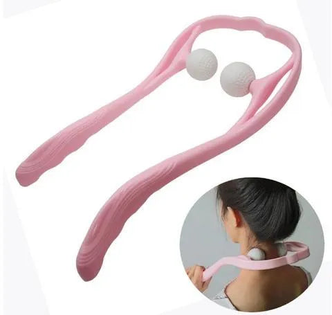 Plastic handheld neck and shoulder massager with adjustable width and roller head in pink, blue, and green colours.