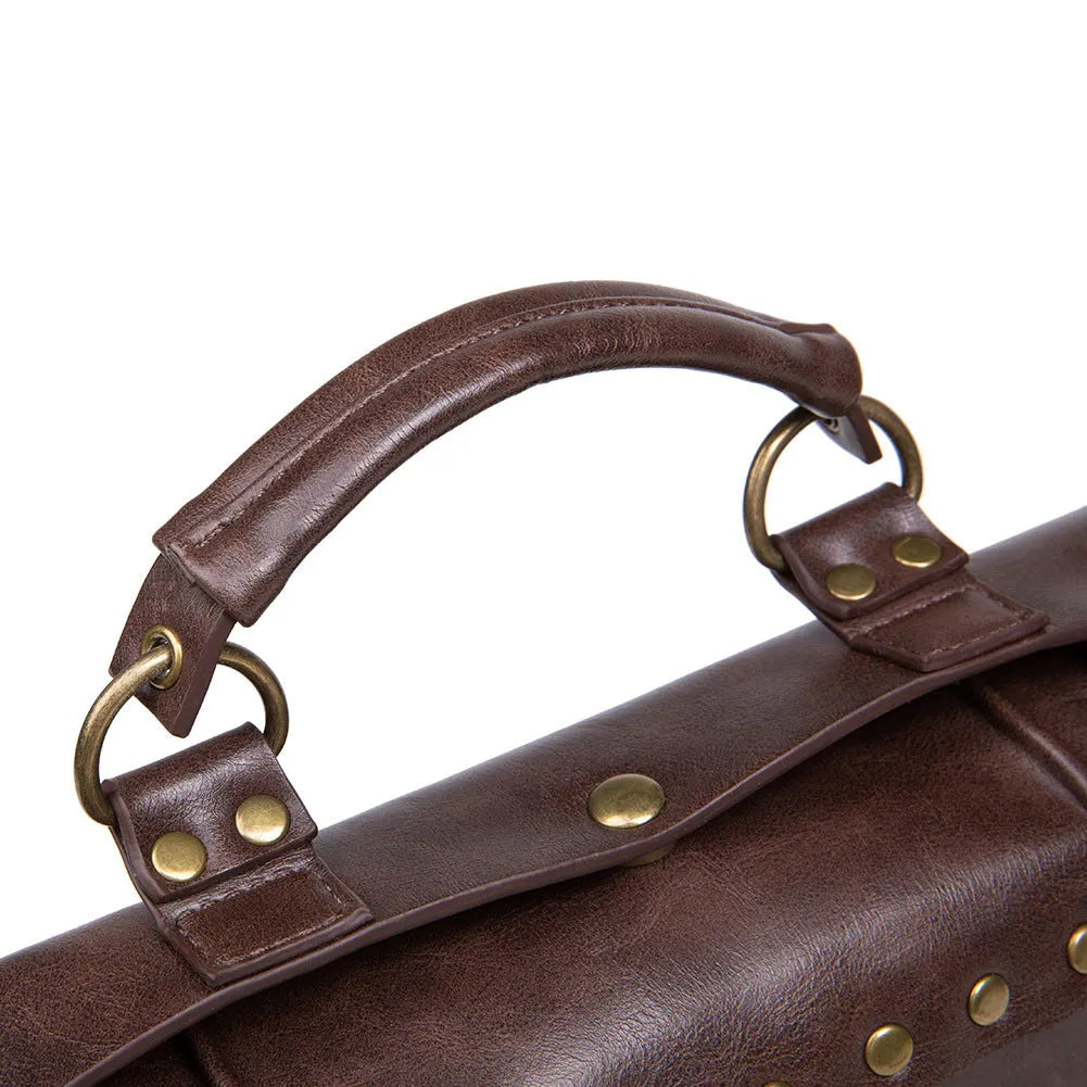 Bronze steampunk industrial retro style shoulder bag with metal details and pillow shape.