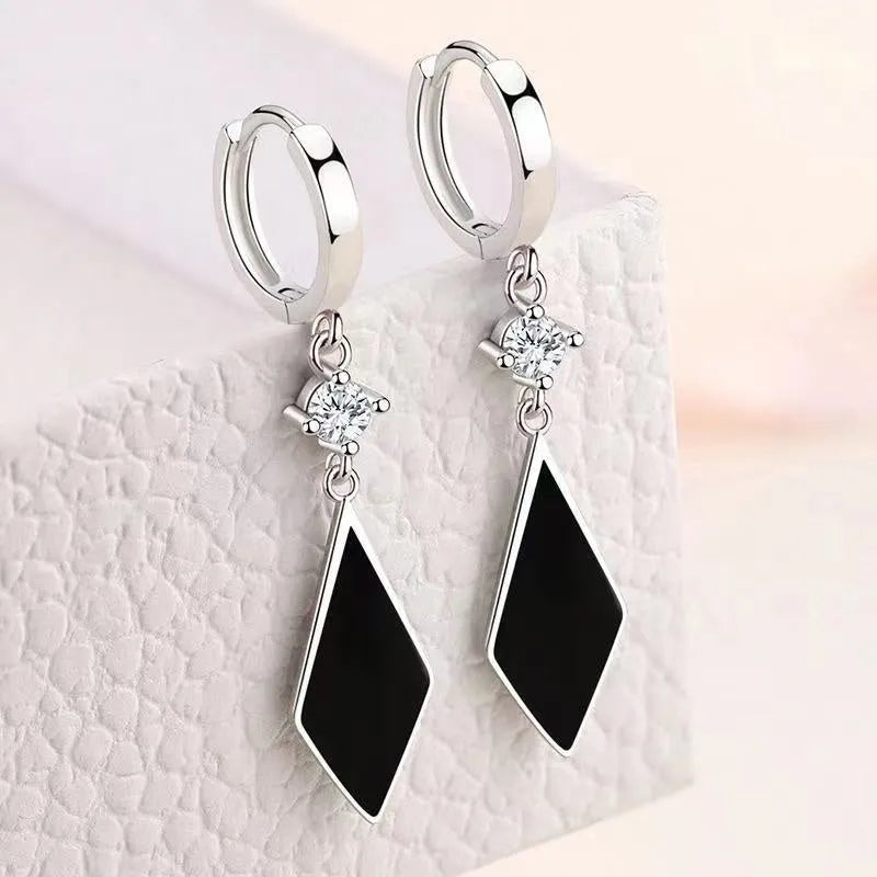 Silver tone geometric diamond clip-on earrings with Japanese Korean vintage style