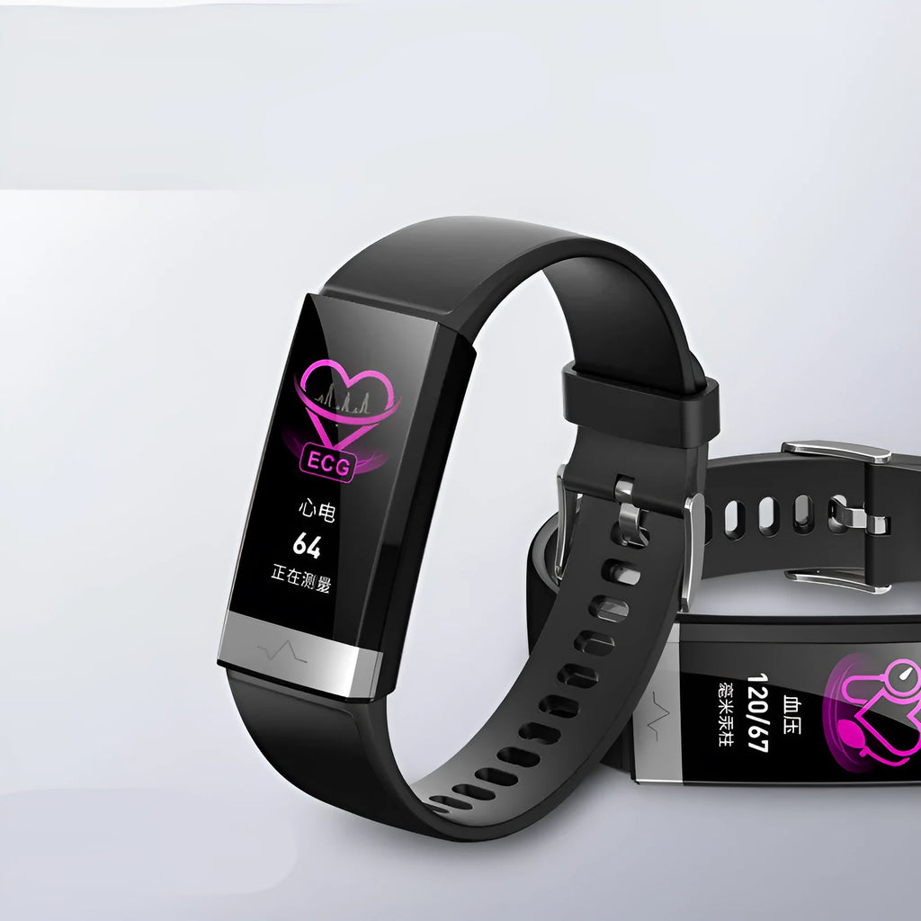 V19 smart health tracking bracelet with medical sensor display showing ECG, PPG and SpO2 monitoring