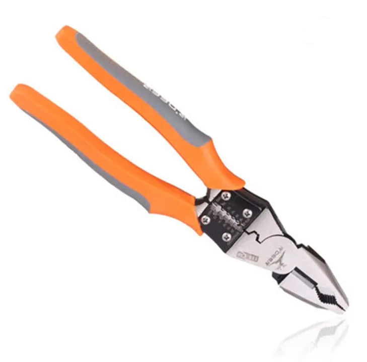 Orange 9-inch multi-function wire cutter pliers with textured PVC handles and alloy steel jaws.