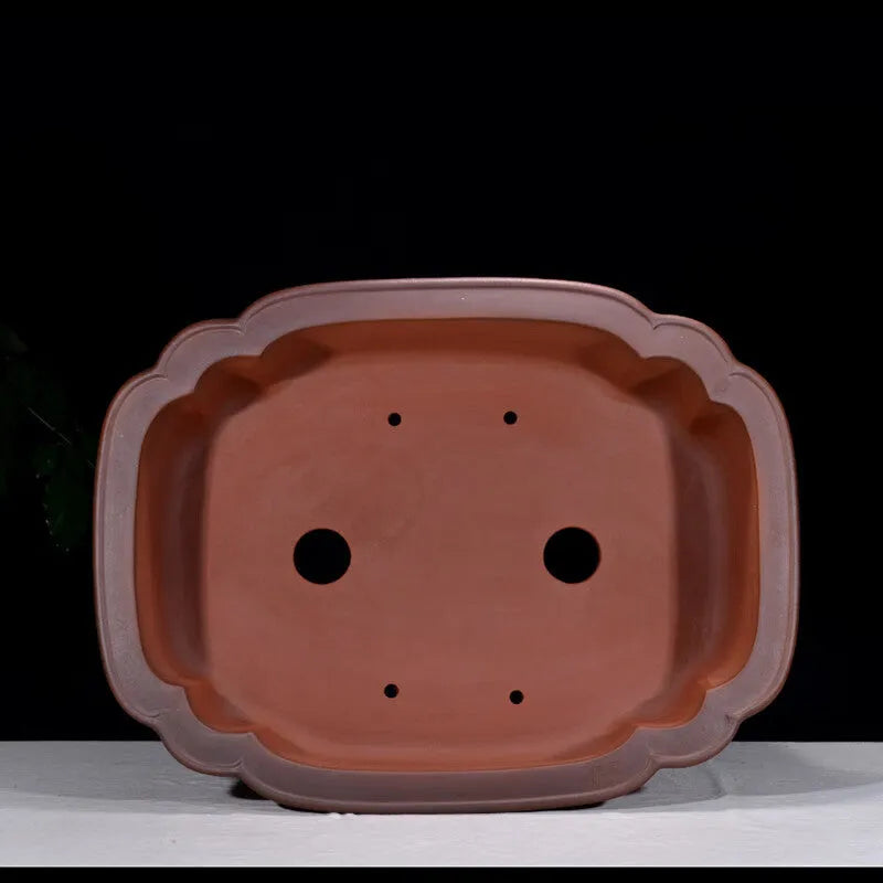 Large antique-coloured Chinese style purple clay flower pot showing dimensions.