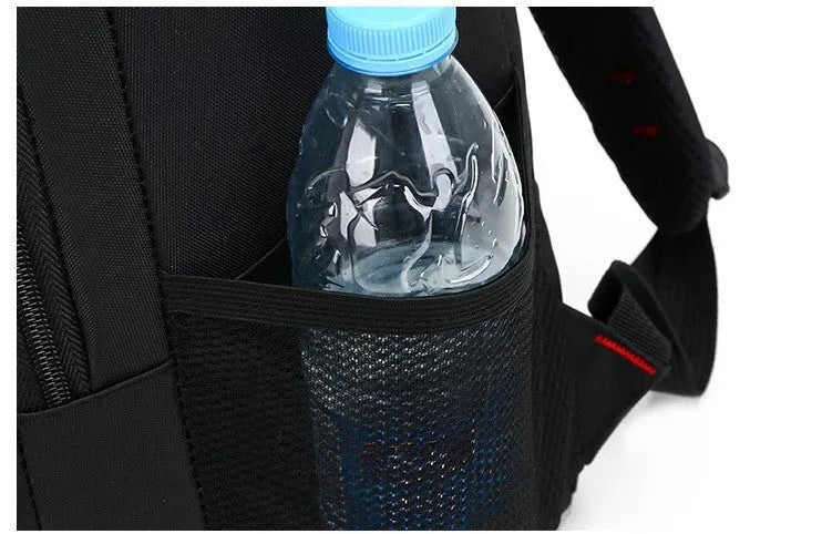 Lightweight teen backpack in blue with sponge-padded shoulder straps and side zipper pockets.