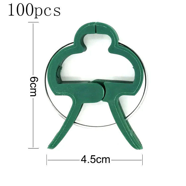 Green plastic and zinc plant fixing clips for large and small climbing plants like tomatoes and beans.