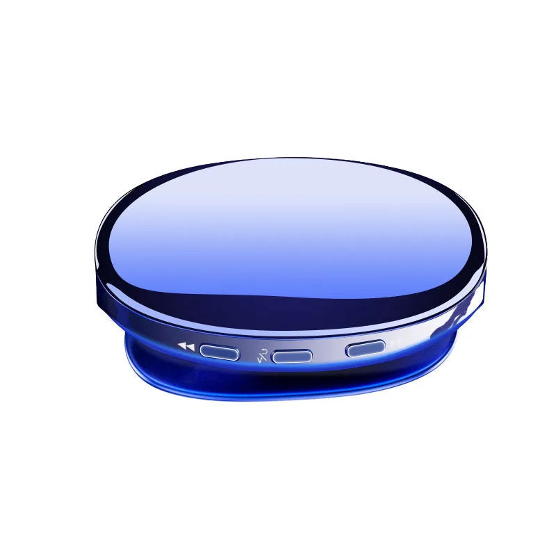 Compact blue Bluetooth MP4 music player with OLED screen showing track info.