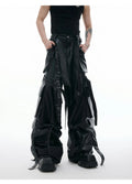 Black retro multi-pocket trousers with quilted design and ribbon leather details