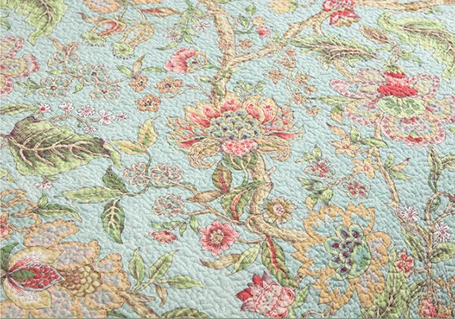 Blue American folk style cotton bedspread with floral bird pattern, three-piece set