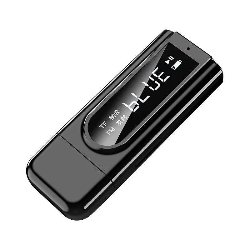 Black USB car FM Bluetooth receiver for wireless audio streaming and MP3 playback in vehicles