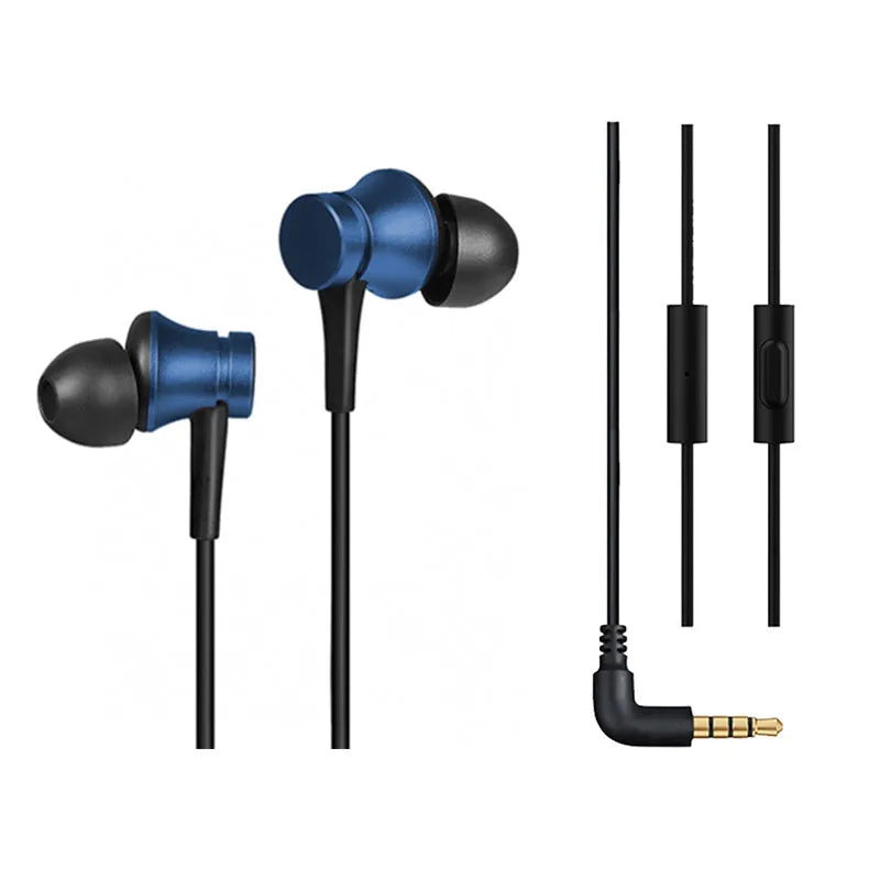 Black, blue and red piston in-ear headphones with 3.5mm wired connection