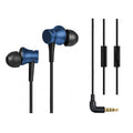 Black, blue and red piston in-ear headphones with 3.5mm wired connection