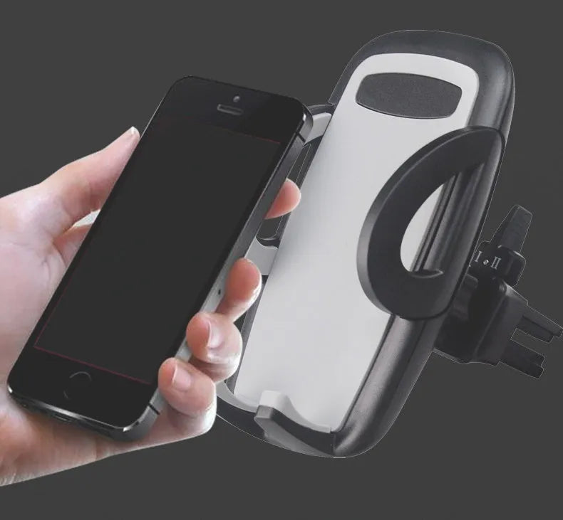Black plastic car vent mobile phone holder with adjustable arms for universal device compatibility