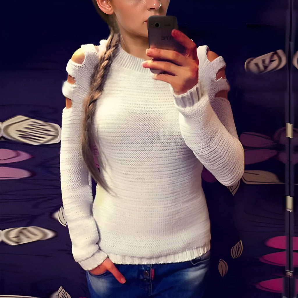 Women's grey solid colour pullover shirt with hollow-out crochet detail on long sleeves