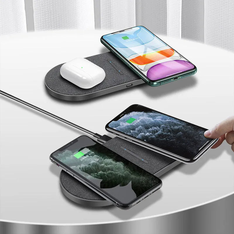 Black 10W wireless charging pad pair with Type-C and USB inputs for dual phone charging