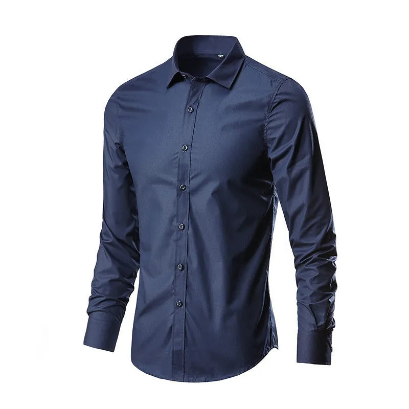 Man wearing a simple long-sleeve linen shirt in a loose fit, available in multiple colours and sizes.