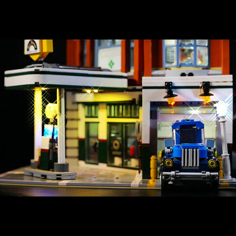Plastic LED lighting kit components for a MOC model corner repair shop diorama.