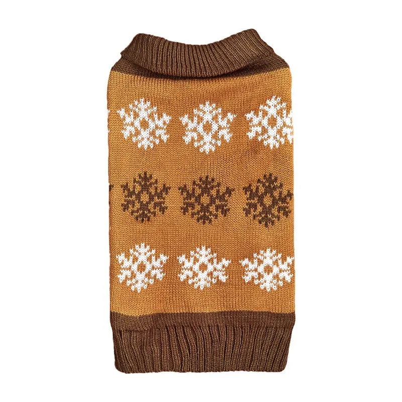 Dog wearing snowflake pattern Christmas sweater in grey and dark brown colours