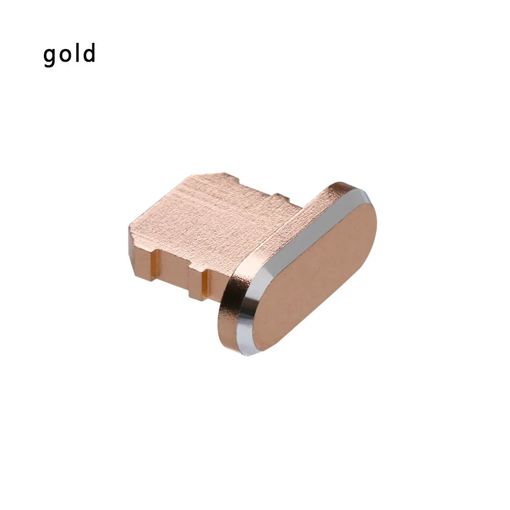 Aluminium alloy charging port dust plug for iPhone in various colours including gold, silver, blue, and rose gold.