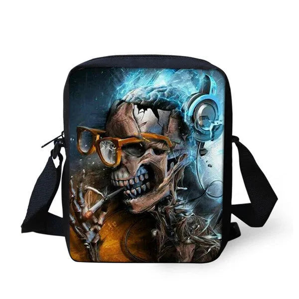 Children's skull print messenger bag with double straps and 20-35 litre capacity