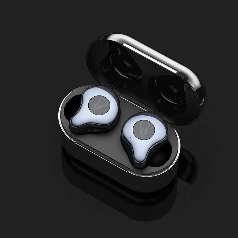 Wireless Bluetooth TWS earbuds in a charging case, showing colour options: Coffee, Coppery, Grey, Purple, Red, Silver.
