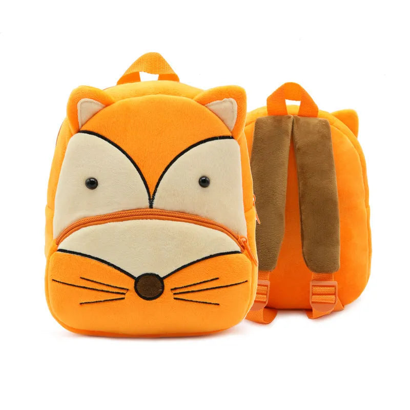 Soft plush children's backpack in cartoon animal design, shown with zipper open, dimensions 26cm by 24cm.