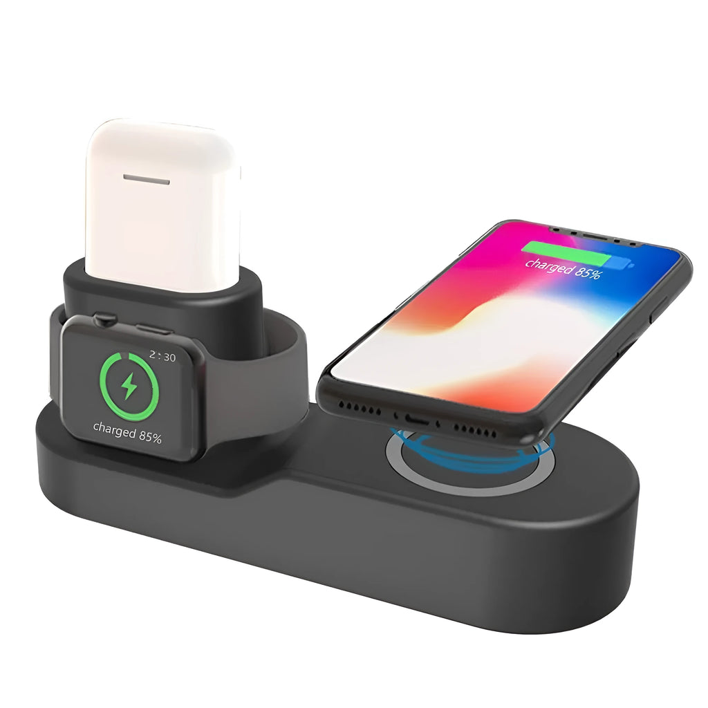 Black and white W3 three-in-one wireless charging station for Apple iPhone, Watch and AirPods on a table.