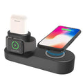 Black and white W3 three-in-one wireless charging station for Apple iPhone, Watch and AirPods on a table.