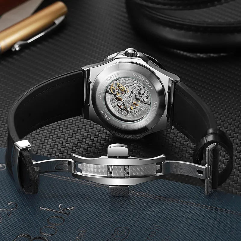 Automatic men's watch with diamond studded hollow dial and stainless steel case in business style