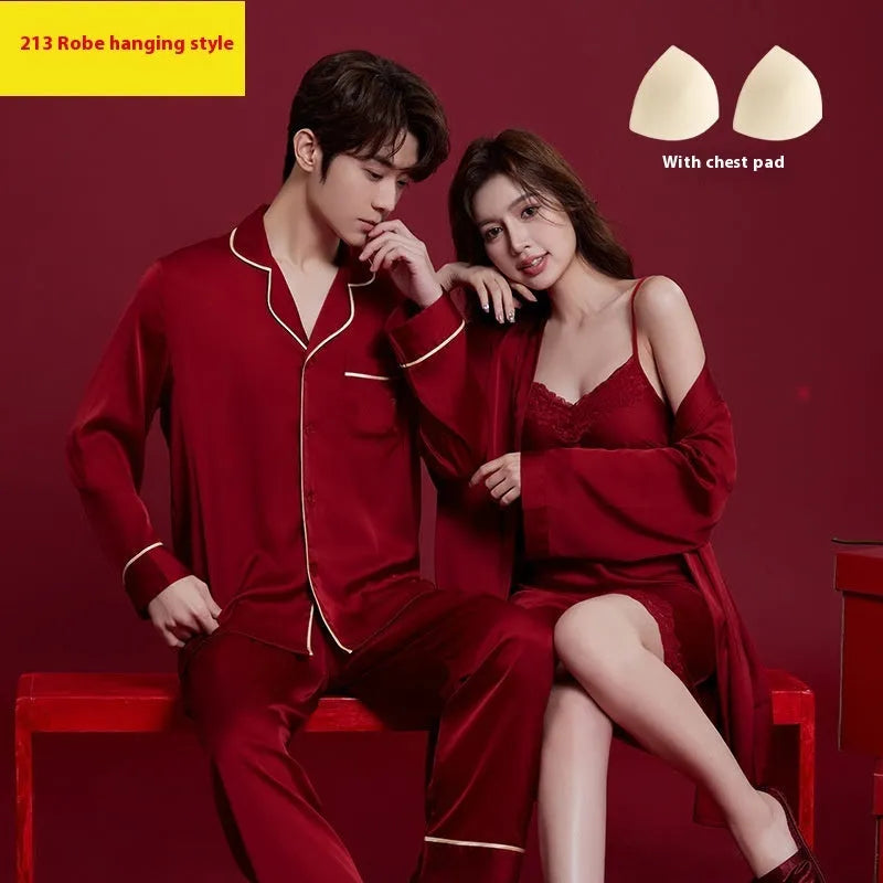 Red ice silk wedding dowry suit set with matching men's and women's sleepwear, long sleeves and trousers
