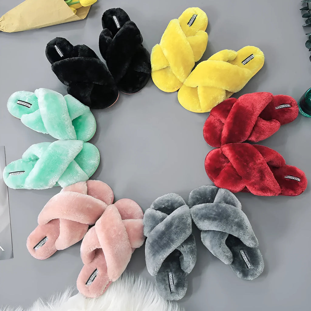 Cross strap open-toe fur slippers in multiple colours on a non-slip rubber sole.