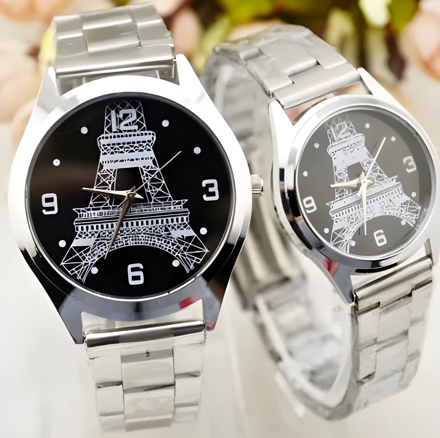 Eiffel Tower wrist watch with leather strap showing Paris landmark design on watch dial