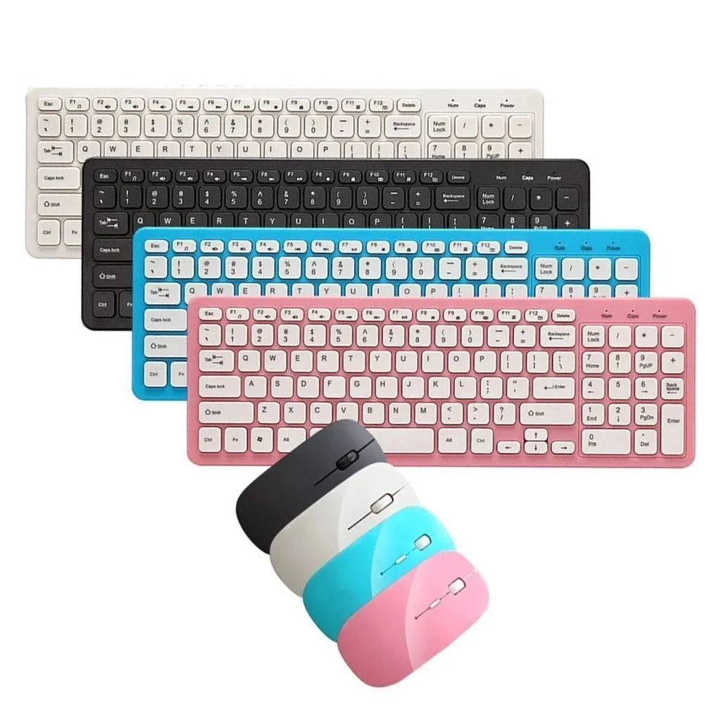 Wireless keyboard and mouse set in multiple colour options showing compact design and USB receiver