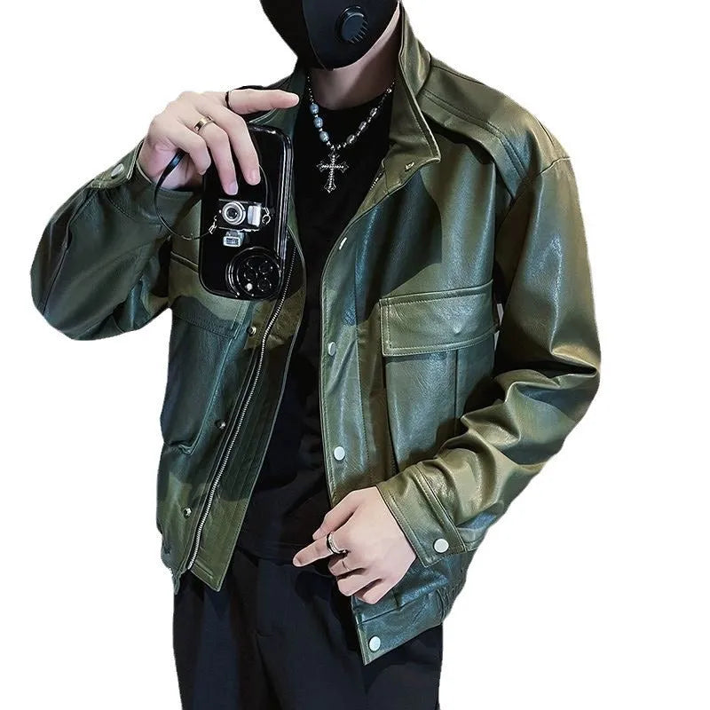 Korean style men's PU leather jacket in black or green with straight hem design and side pockets