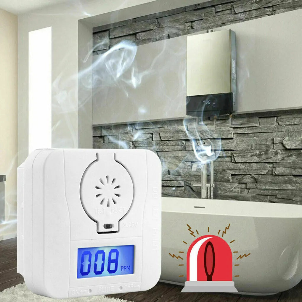 White wireless carbon monoxide alarm unit for wall mounting, detects CO gas from coal stoves.