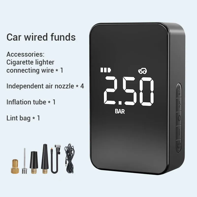 Portable wireless tyre inflator pump with digital display screen showing pressure readings