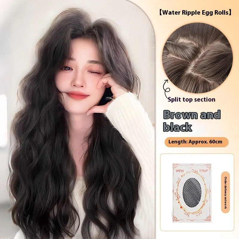 Full-head artificial hair wig with long curly style and side bangs in brown colour options