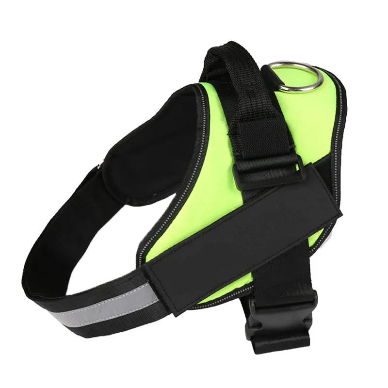 A reflective adjustable no-pull dog harness in a vest style, shown on a dog with a personalised patch.