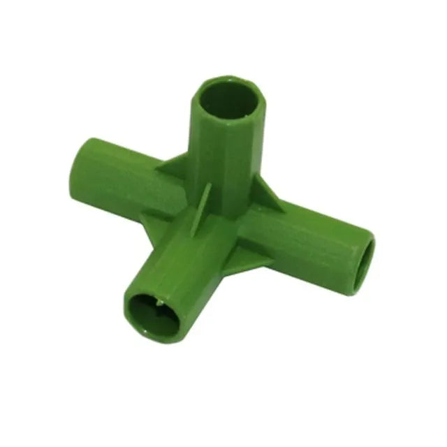 PP plastic three-way and four-way plant support connector joints for 11mm garden poles.
