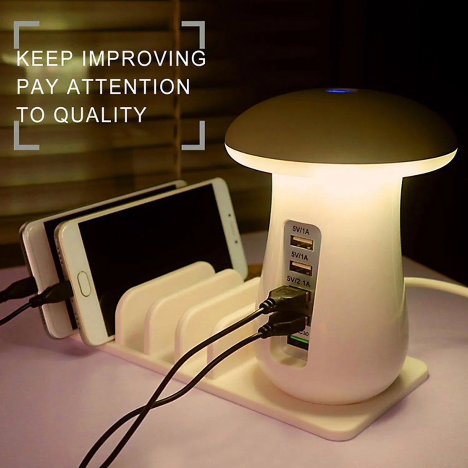 White mushroom-shaped LED lamp with 5-port USB charging dock station for smartphones and tablets
