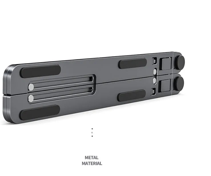 Foldable aluminium laptop stand in silver, shown open in use and closed for storage.