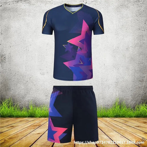 Man and woman wearing short-sleeved blue and purple badminton sportswear outfits, consisting of a top and trousers.