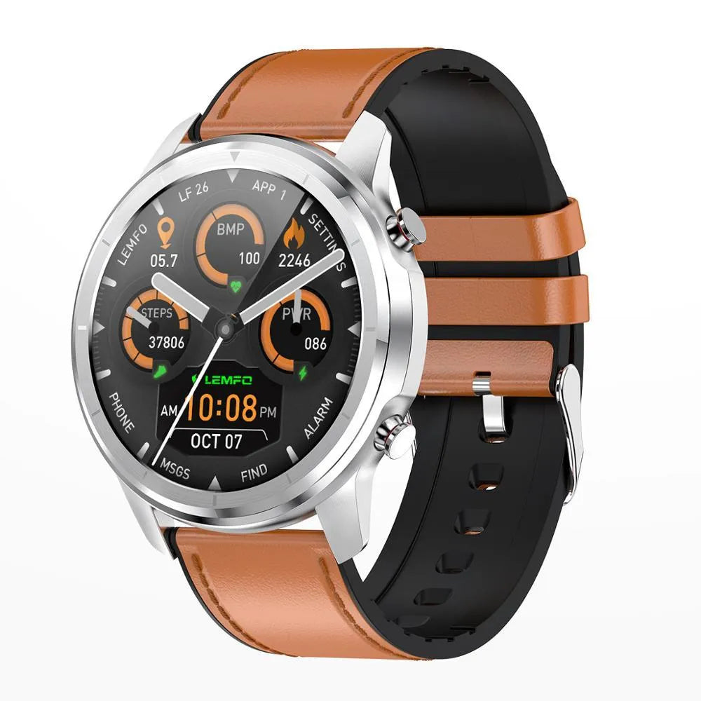 LEMFO LF26 smart bracelet on wrist showing 1.3 inch screen, available in black, brown, and silver colour options.