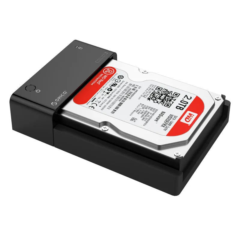 Black plastic hard disk box for 2.5-inch SATA drives with included data cable.