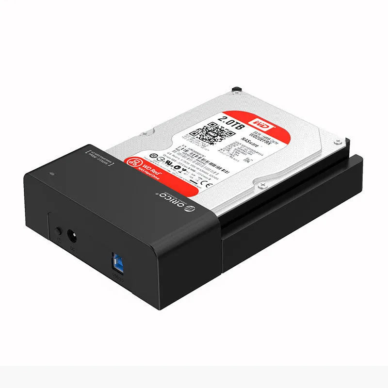 Black plastic hard disk box for 2.5-inch SATA drives with included data cable.