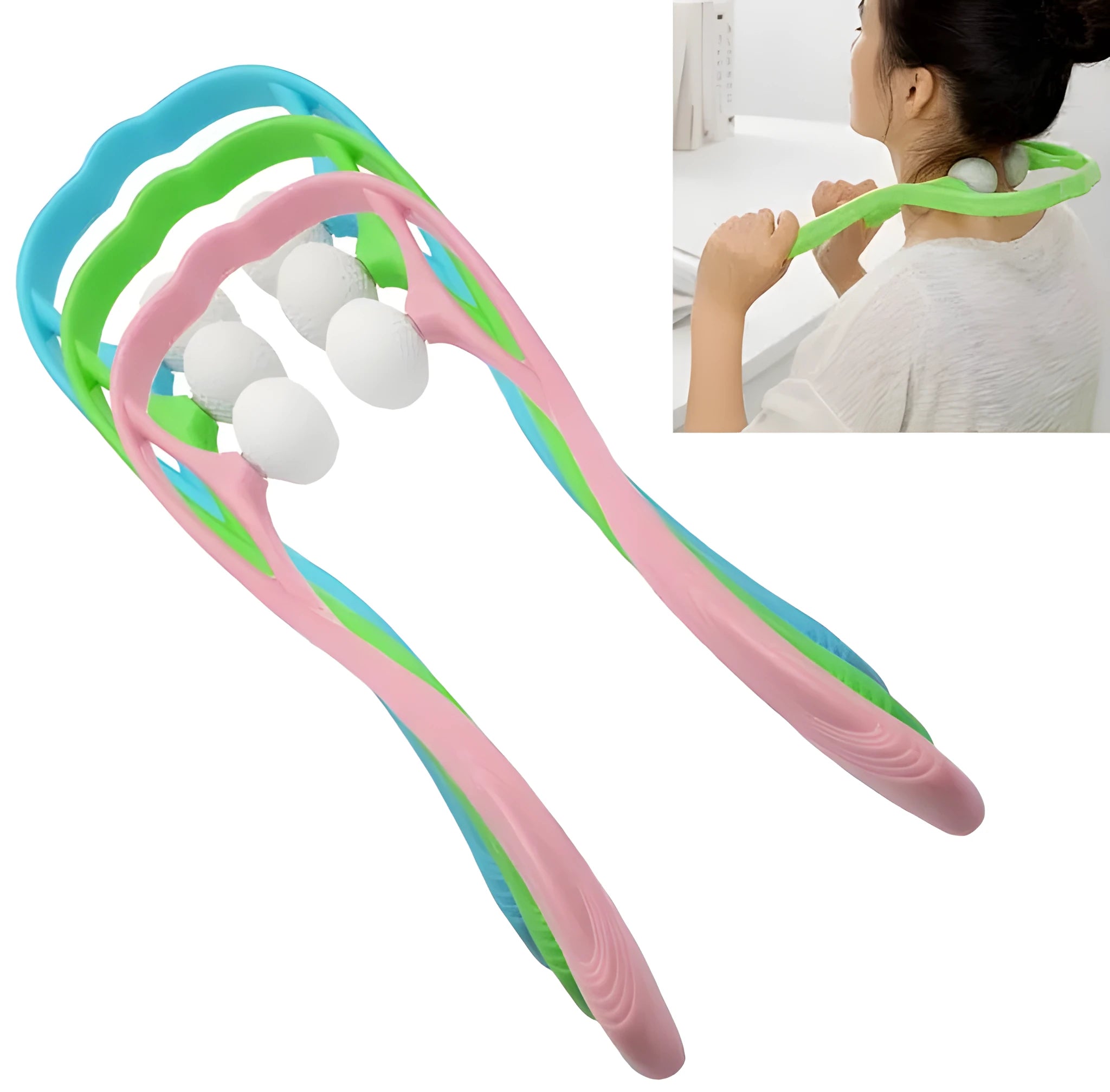 Plastic handheld neck and shoulder massager with adjustable width and roller head in pink, blue, and green colours.