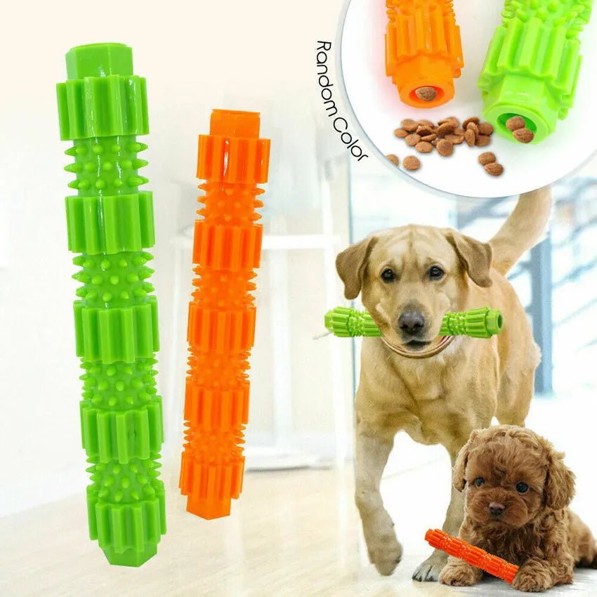 Green and orange durable rubber dog chew toy with treat-dispensing hole for aggressive chewers.