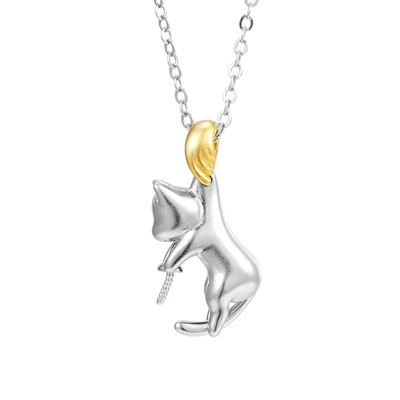 Niche design sterling silver clavicle chain necklace with a detailed cat pendant.