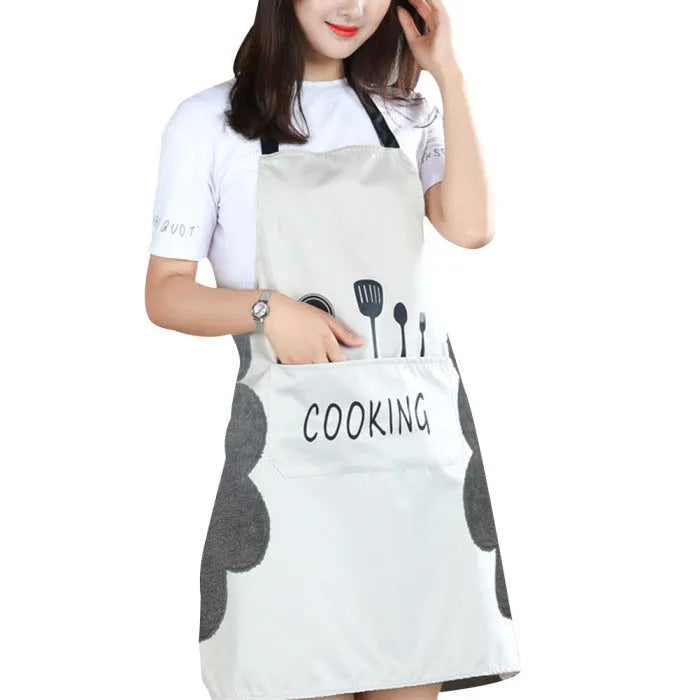 Sleeveless waterproof kitchen apron in coral velvet, shown in multiple colour options.