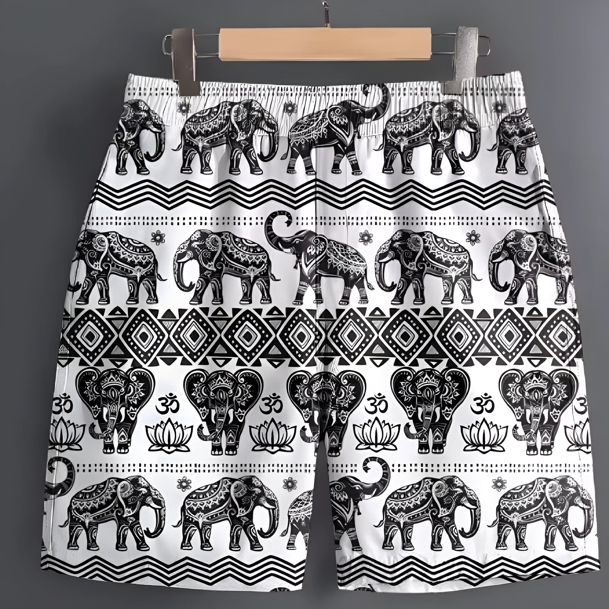 Men's polyester outdoor sports shorts in multiple patterns including stripes and camouflage
