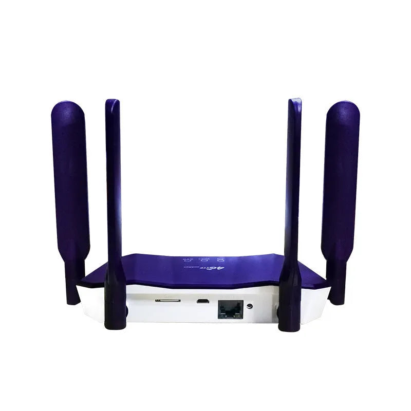 Blue 4G dual-mode wireless and wired router with four external antennas.